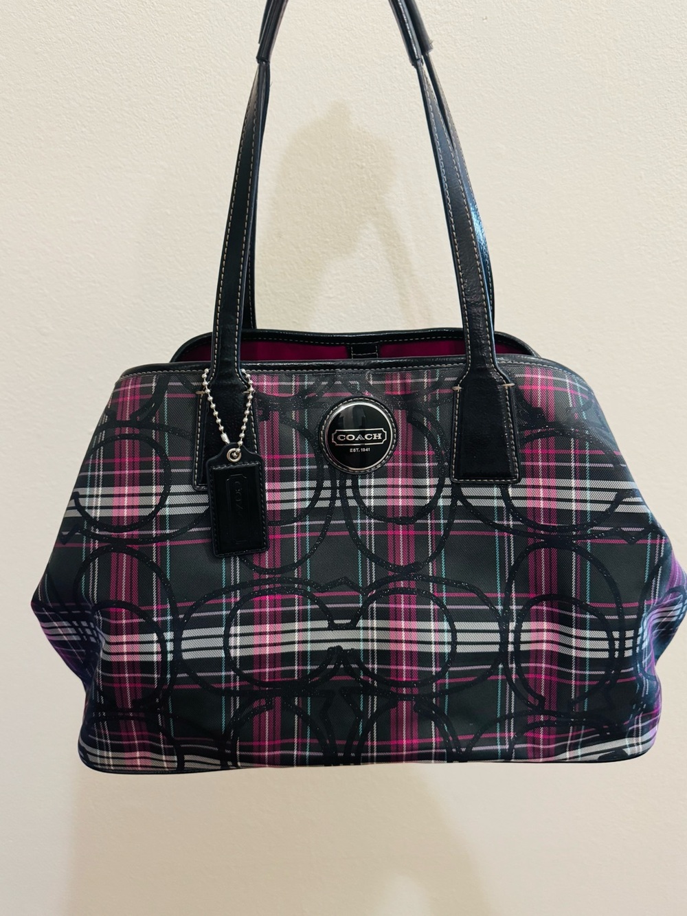 COACH Vintage Y2K Pink Tartan Plaid Framed Kiss Lock Carryall F17669